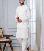 white silk blend kurta jacket  set for men with sequin work
