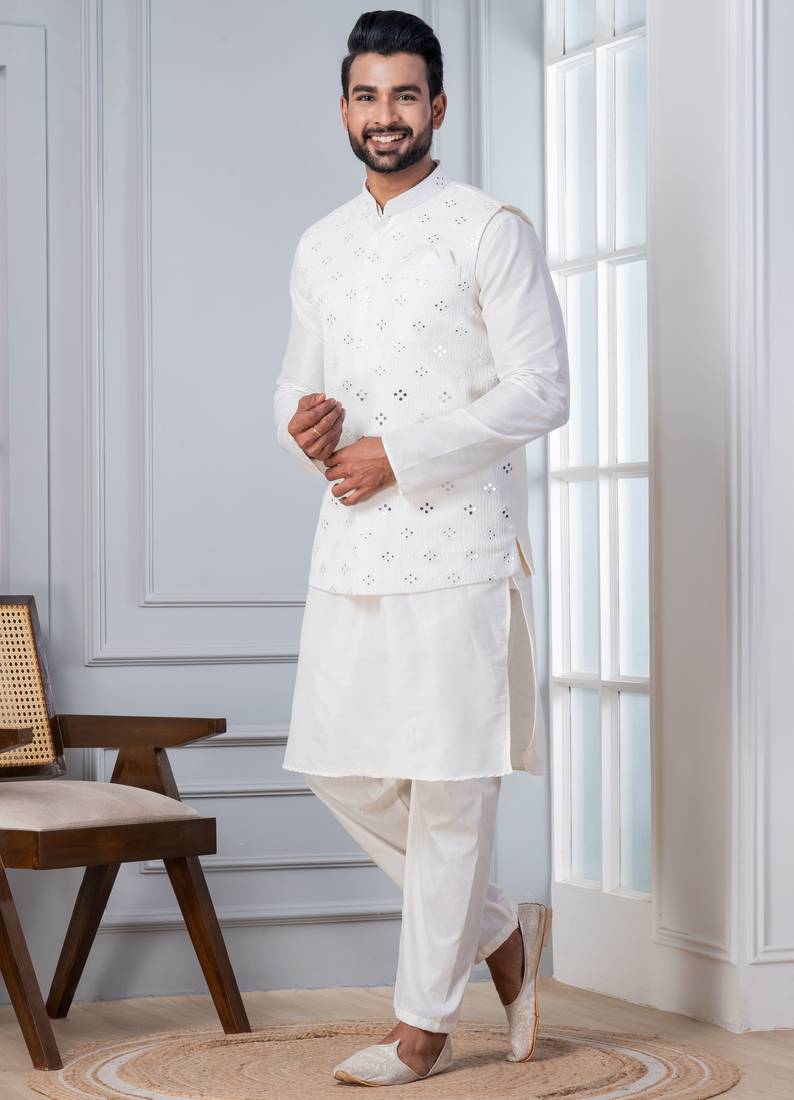 white silk blend kurta jacket  set for men with sequin work