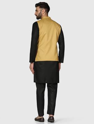 Mens solid black kurta pyjama set with golden jacket 2