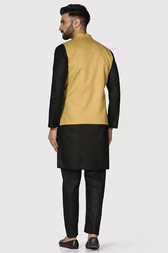 Mens solid black kurta pyjama set with golden jacket