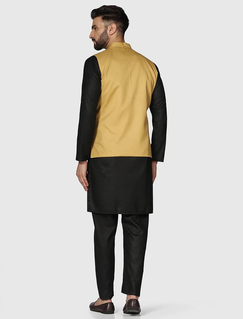 Mens solid black kurta pyjama set with golden jacket