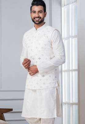 white silk blend kurta jacket  set for men with sequin work 2