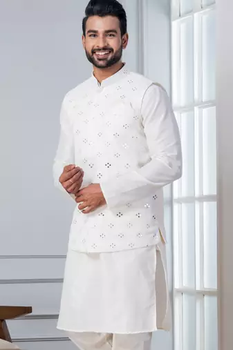 white silk blend kurta jacket  set for men with sequin work