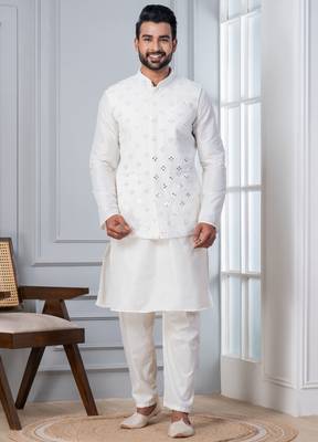 white silk blend kurta jacket  set for men with sequin work 4