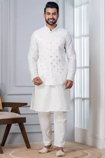 white silk blend kurta jacket  set for men with sequin work