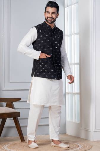 white silk blend kurta jacket  set for men with sequin work