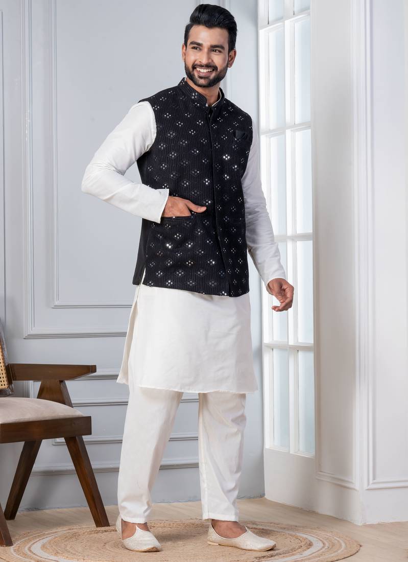white silk blend kurta jacket  set for men with sequin work
