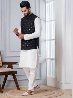 white silk blend kurta jacket  set for men with sequin work 2