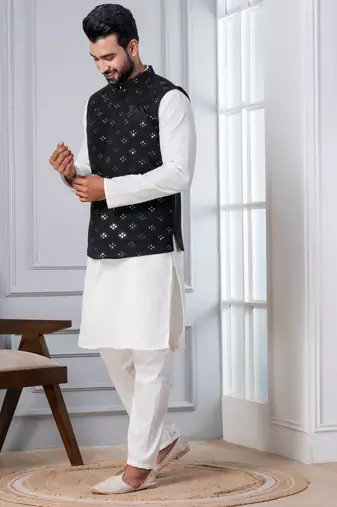 white silk blend kurta jacket  set for men with sequin work
