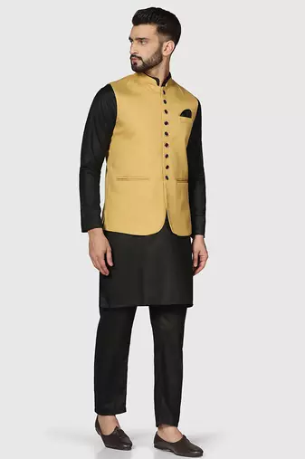 Mens solid black kurta pyjama set with golden jacket