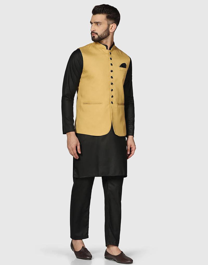Mens solid black kurta pyjama set with golden jacket