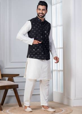 white silk blend kurta jacket  set for men with sequin work 3