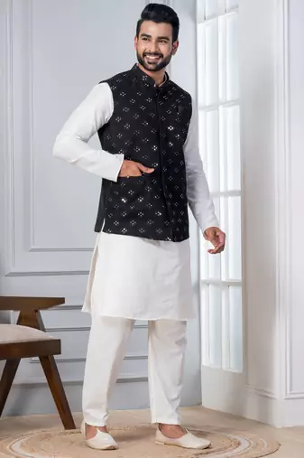 white silk blend kurta jacket  set for men with sequin work