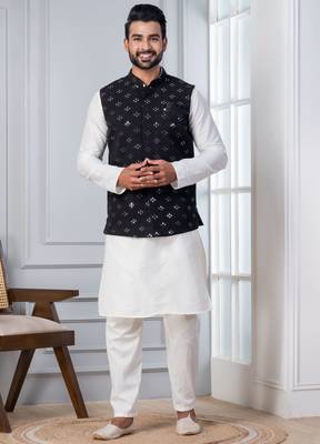 white silk blend kurta jacket  set for men with sequin work 4