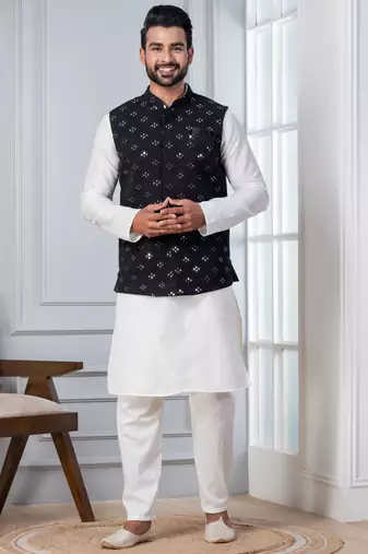 white silk blend kurta jacket  set for men with sequin work