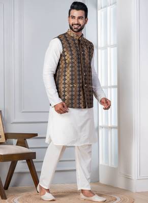 white   silk blend kurta jacket  set for men with embroidered work 1