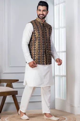 white   silk blend kurta jacket  set for men with embroidered work