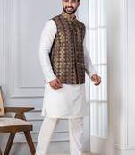 white   silk blend kurta jacket  set for men with embroidered work