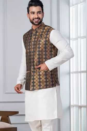 white   silk blend kurta jacket  set for men with embroidered work