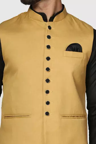 Mens solid black kurta pyjama set with golden jacket