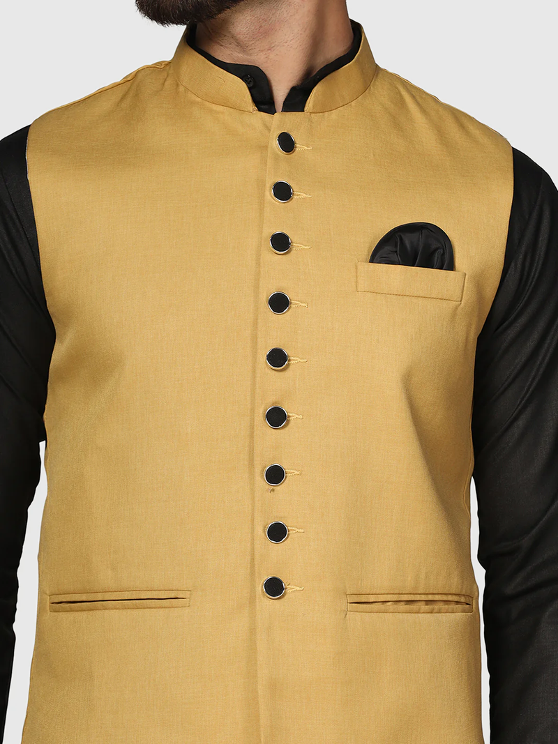 Mens solid black kurta pyjama set with golden jacket