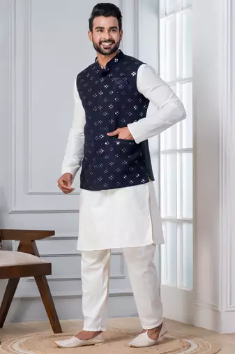  silk blend kurta jacket set for men with embroidered work