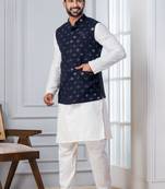  silk blend kurta jacket set for men with embroidered work