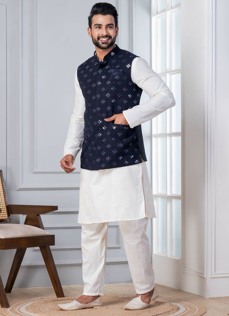  silk blend kurta jacket set for men with embroidered work