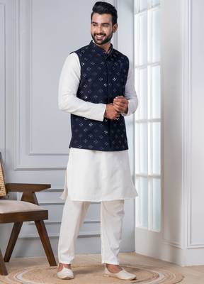  silk blend kurta jacket set for men with embroidered work 2