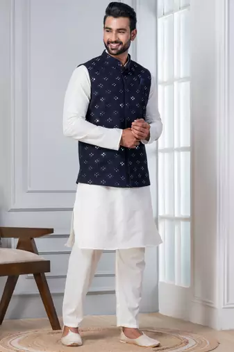  silk blend kurta jacket set for men with embroidered work