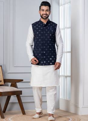  silk blend kurta jacket set for men with embroidered work 3