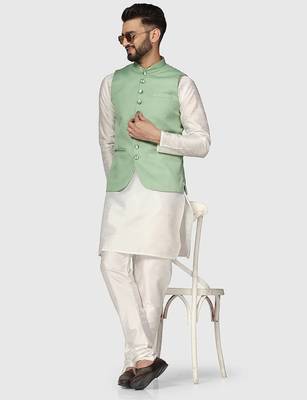 Mens solid white dupion kurta pyjama set with sage green jacket 1
