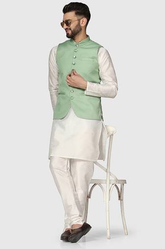 Mens solid white dupion kurta pyjama set with sage green jacket