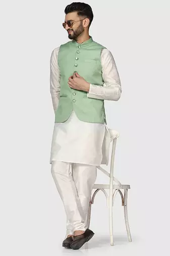 Mens solid white dupion kurta pyjama set with sage green jacket