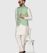 Mens solid white dupion kurta pyjama set with sage green jacket