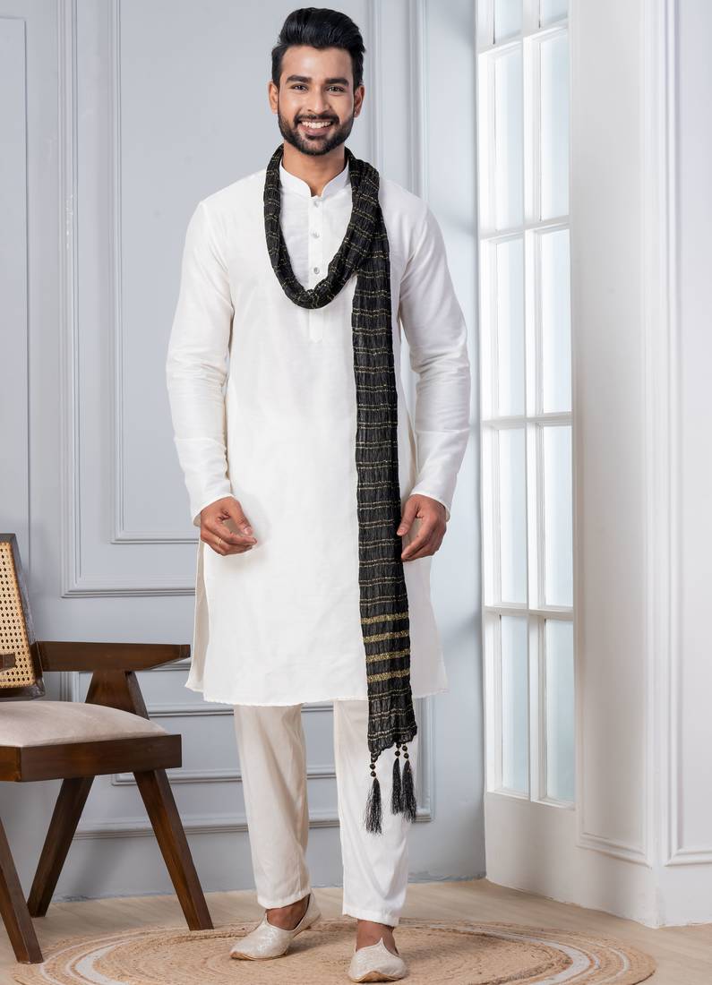   white blend kurta duppata  set for men  