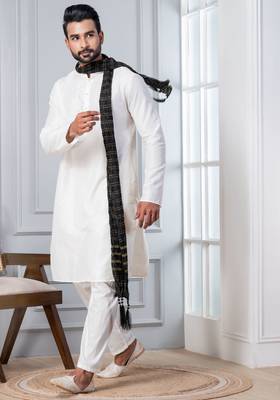   white blend kurta duppata  set for men   4