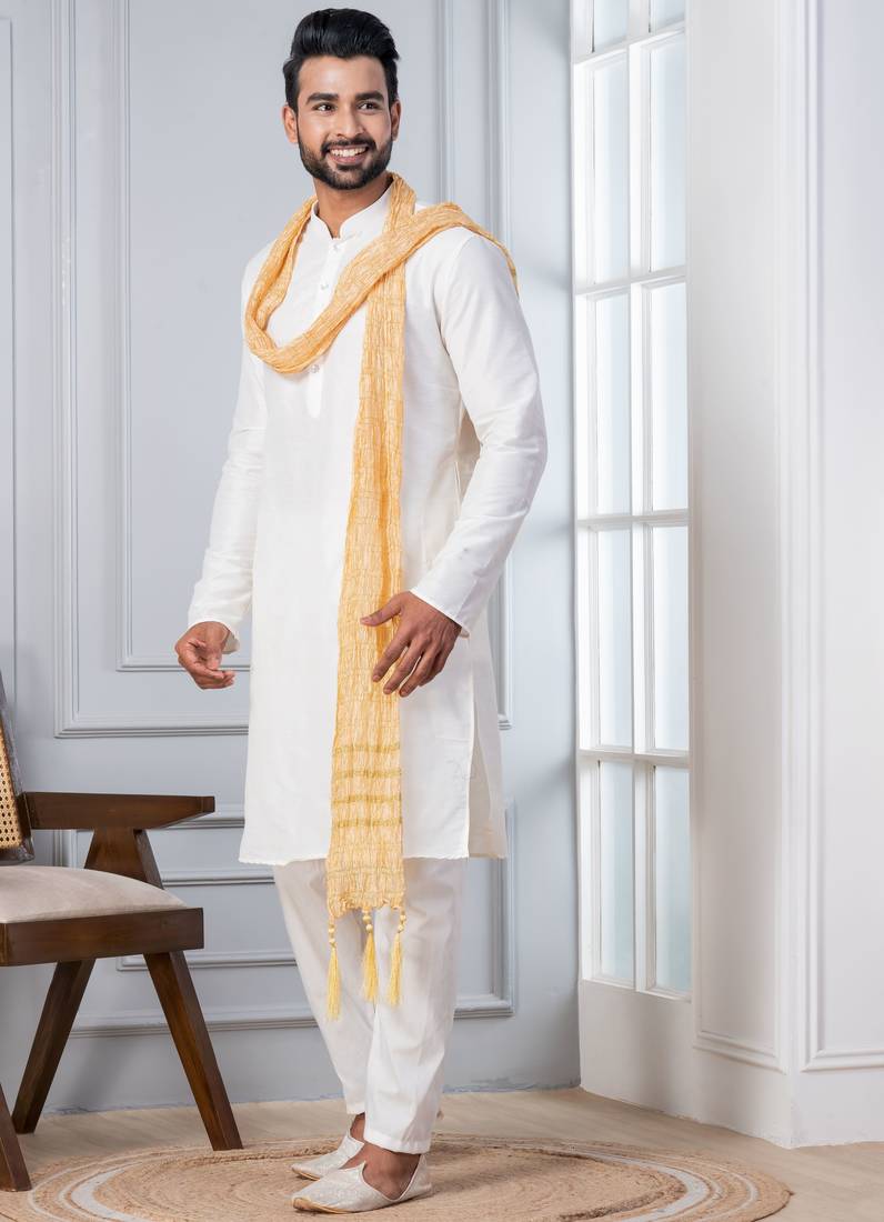   white blend kurta duppata  set for men  
