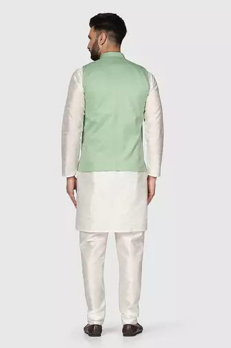 Mens solid white dupion kurta pyjama set with sage green jacket