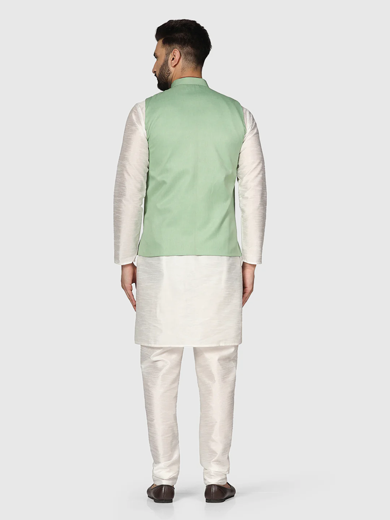 Mens solid white dupion kurta pyjama set with sage green jacket