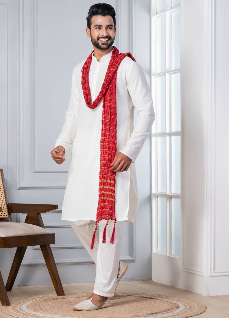   white blend kurta duppata  set for men  