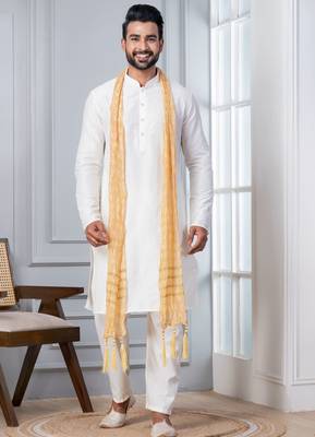   white blend kurta duppata  set for men   4