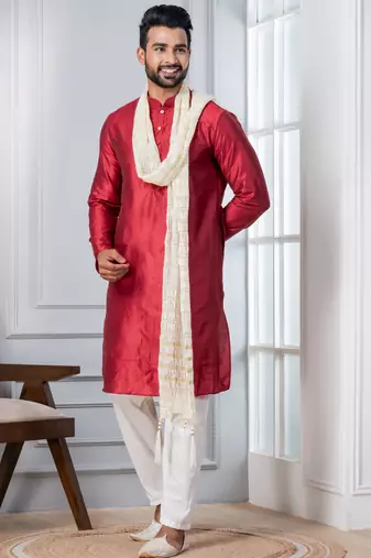 red silk blend kurta duppata  set for men with embroidered work