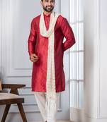 red silk blend kurta duppata  set for men with embroidered work