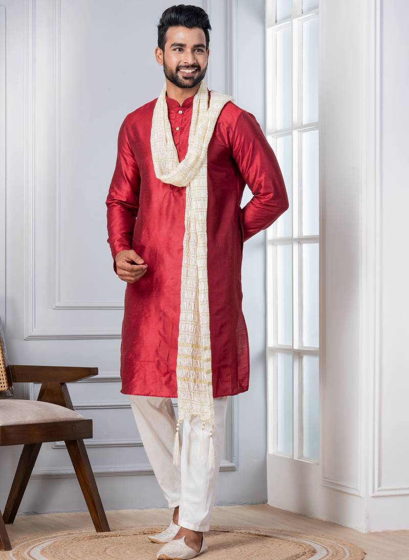 red silk blend kurta duppata  set for men with embroidered work
