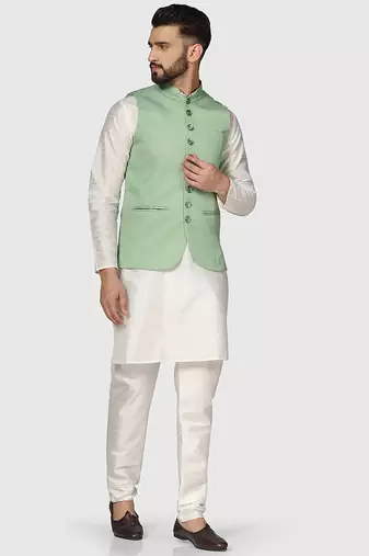 Mens solid white dupion kurta pyjama set with sage green jacket
