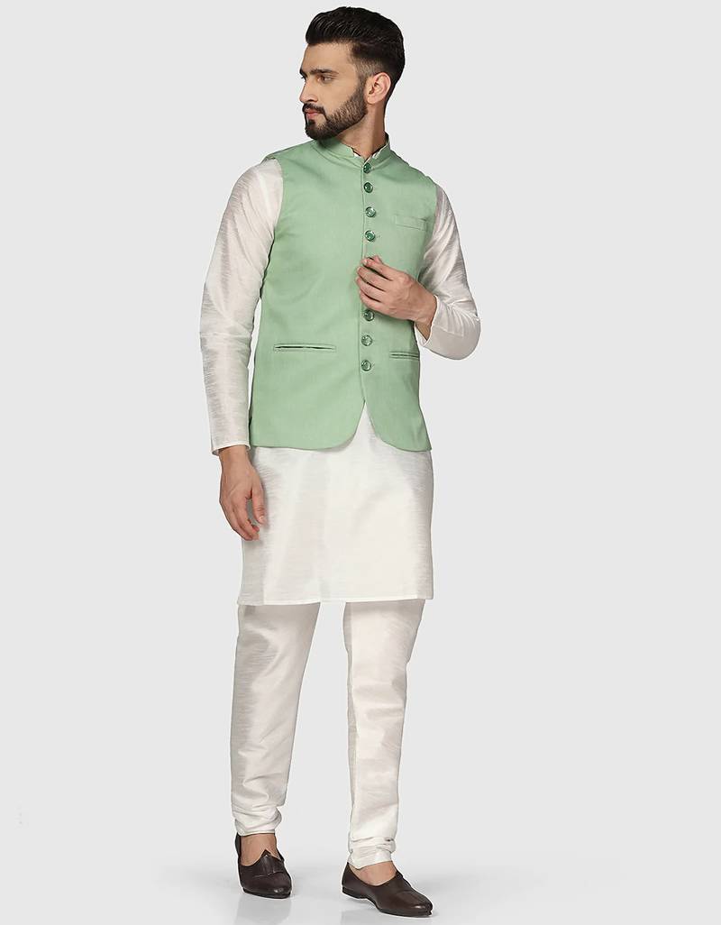 Mens solid white dupion kurta pyjama set with sage green jacket