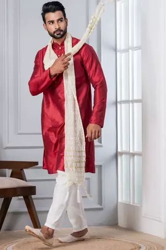 red silk blend kurta duppata  set for men with embroidered work
