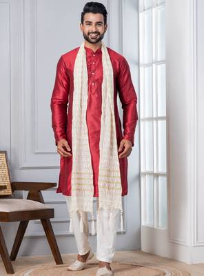 red silk blend kurta duppata  set for men with embroidered work 3