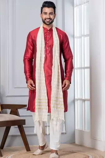 red silk blend kurta duppata  set for men with embroidered work